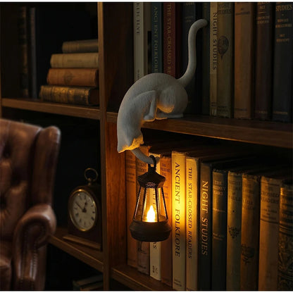 2-In-1 Cat Shelf Hook & Creative Decor Night Light with Lantern Figurine Statue Home Bedroom Desk Ornament Decor Night Light 1PC