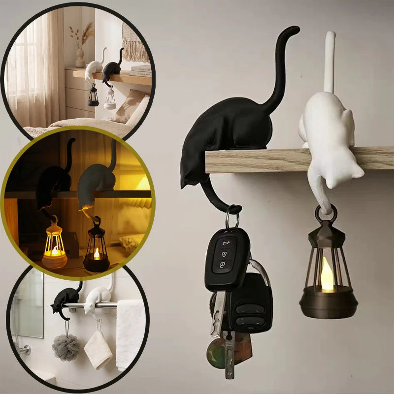 2-In-1 Cat Shelf Hook & Creative Decor Night Light with Lantern Figurine Statue Home Bedroom Desk Ornament Decor Night Light 1PC