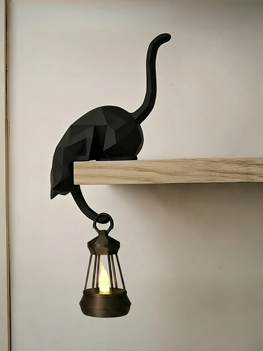 2-In-1 Cat Shelf Hook & Creative Decor Night Light with Lantern Figurine Statue Home Bedroom Desk Ornament Decor Night Light 1PC