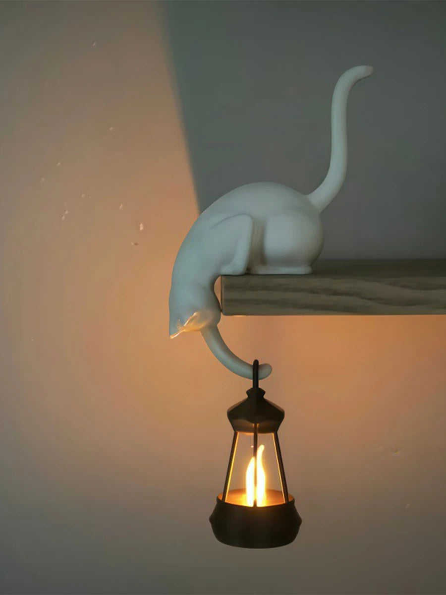 2-In-1 Cat Shelf Hook & Creative Decor Night Light with Lantern Figurine Statue Home Bedroom Desk Ornament Decor Night Light 1PC